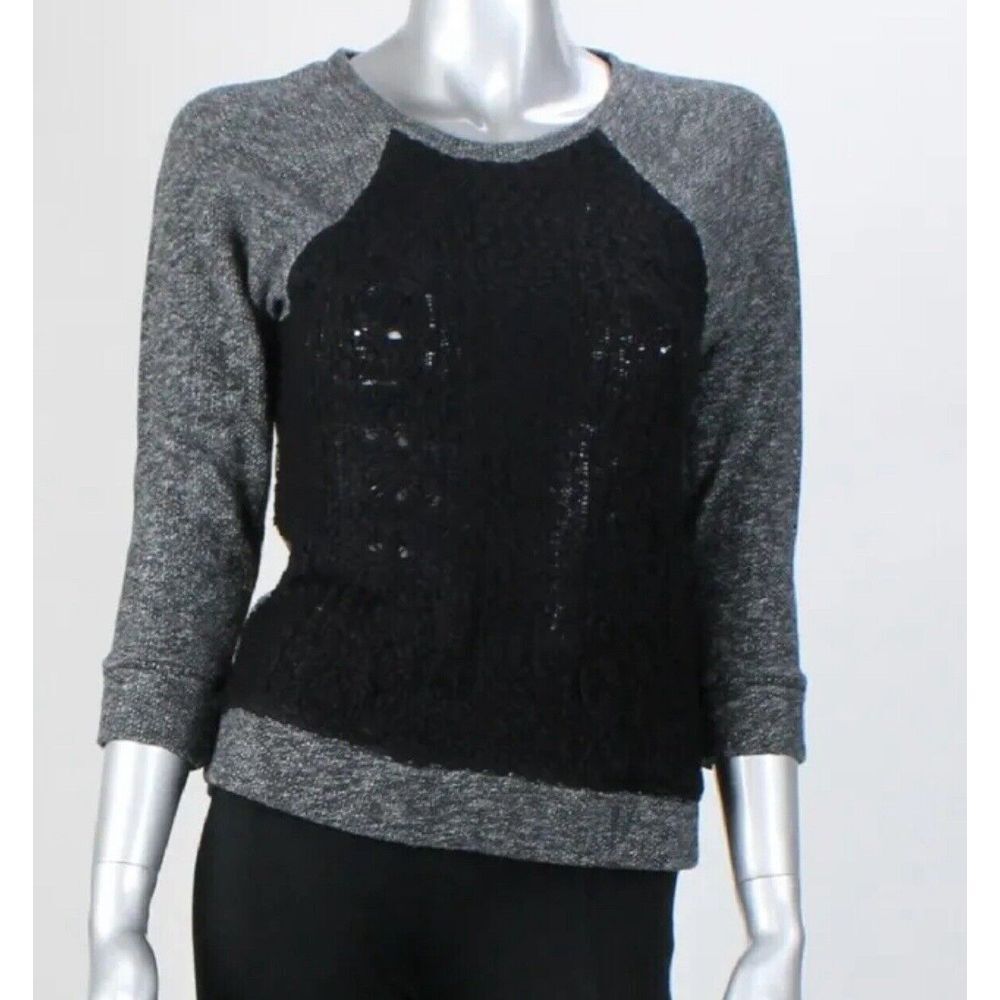 $89.50 Lucky Brand Black‎ Charcoal Loose Knit Crochet Panel Raglan Sweatshirt XS